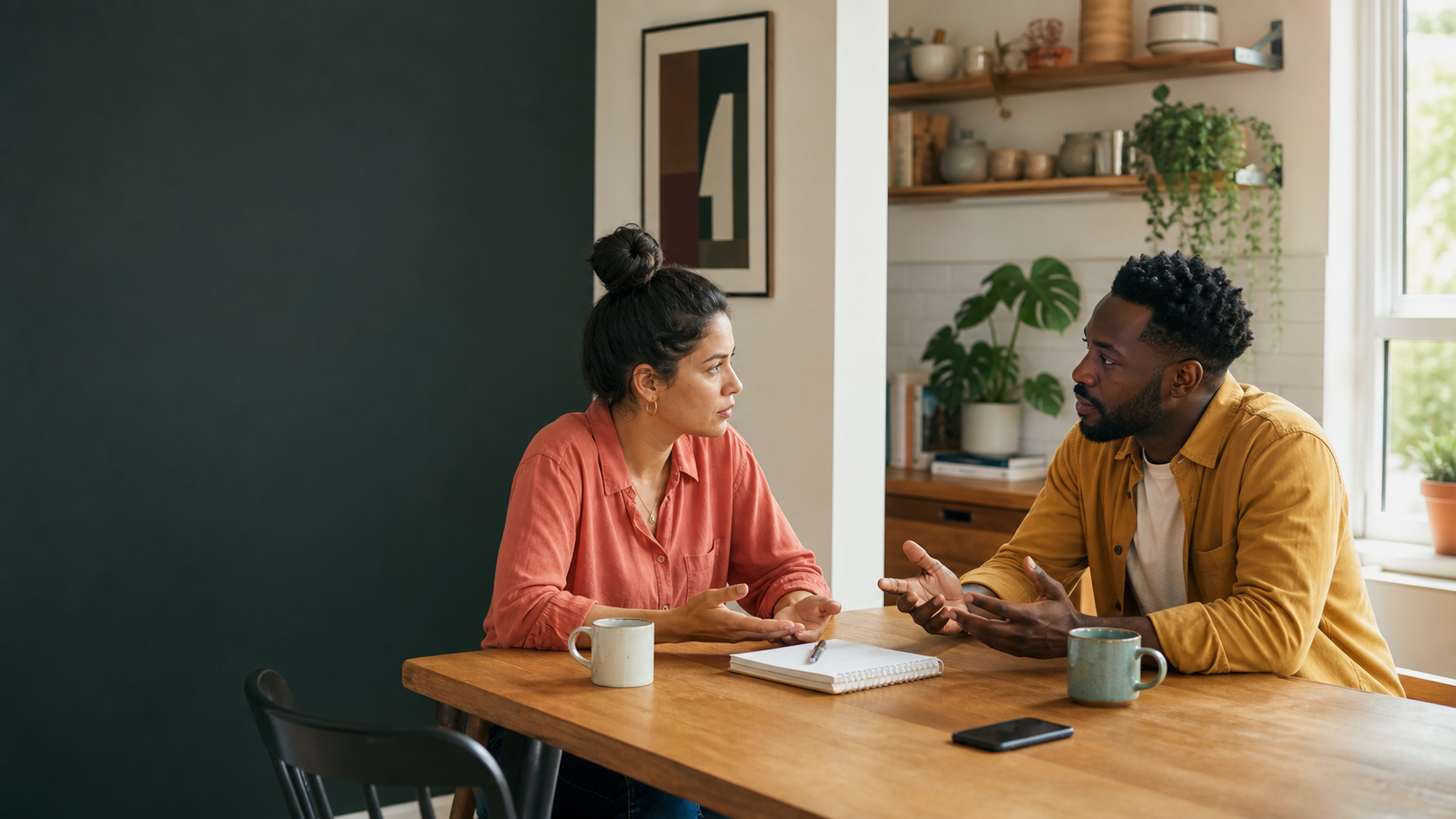 Two adults having a calm conversation at a kitchen table with a notebook
